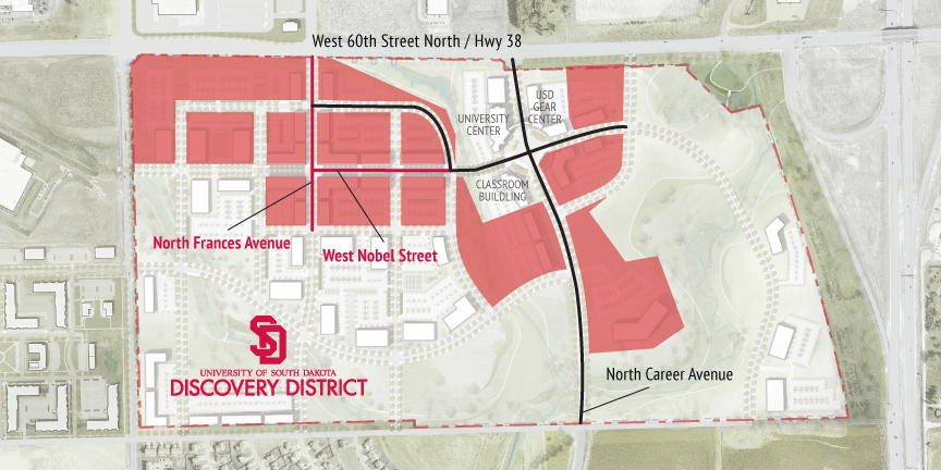 The USD Discovery District is located in northwest Sioux Falls, representing an 80 acre research park.