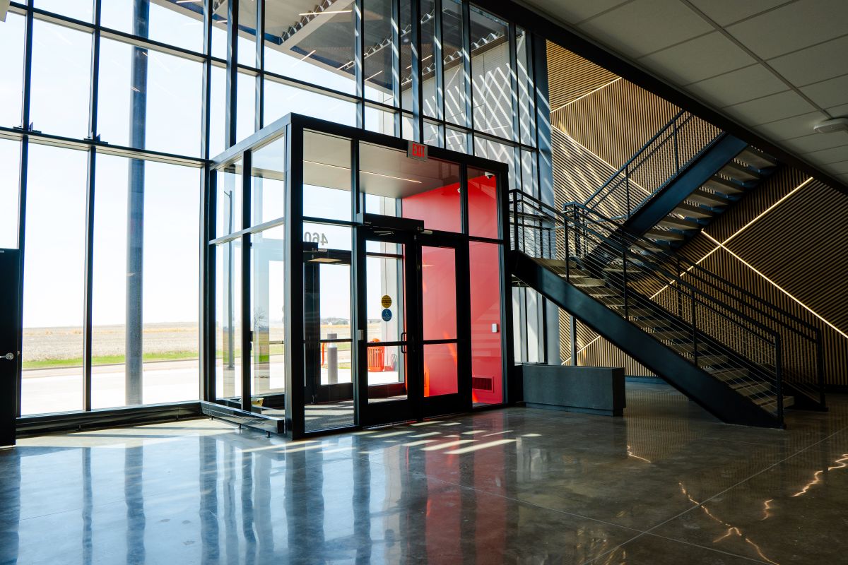 The front entrance of Building 1 at the USD Discovery District features immense natural light, ideal for collaborative biotech and life science companies.