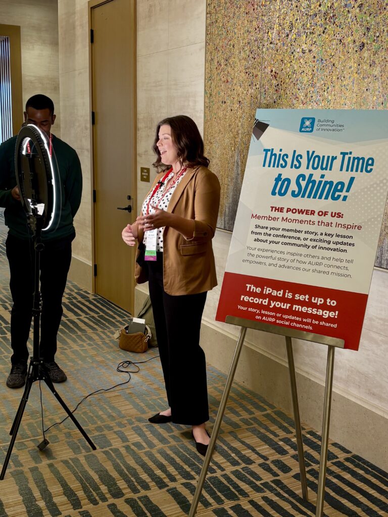 Kelly Propst, Research Triangle Park VP of Marketing & Communications at the 2025 AURP Conference, capturing insights on university research parks and emerging innovation hubs across the country.