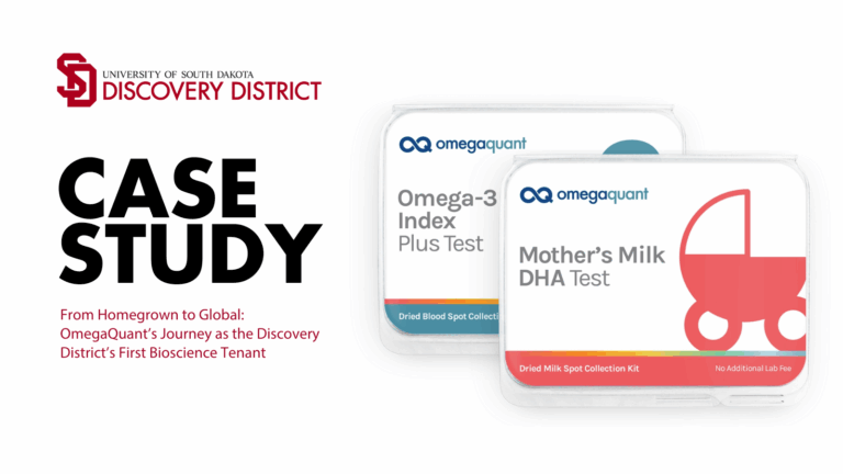 A case study graphic featuring the University of South Dakota Discovery District logo and bold black text that reads "Case Study." Beneath it, red subtext reads: "From Homegrown to Global: OmegaQuant’s Journey as the Discovery District’s First Bioscience Tenant." To the right, two OmegaQuant test kits are displayed: the "Omega-3 Index Plus Test" and the "Mother’s Milk DHA Test," both in their clear clamshell packaging.