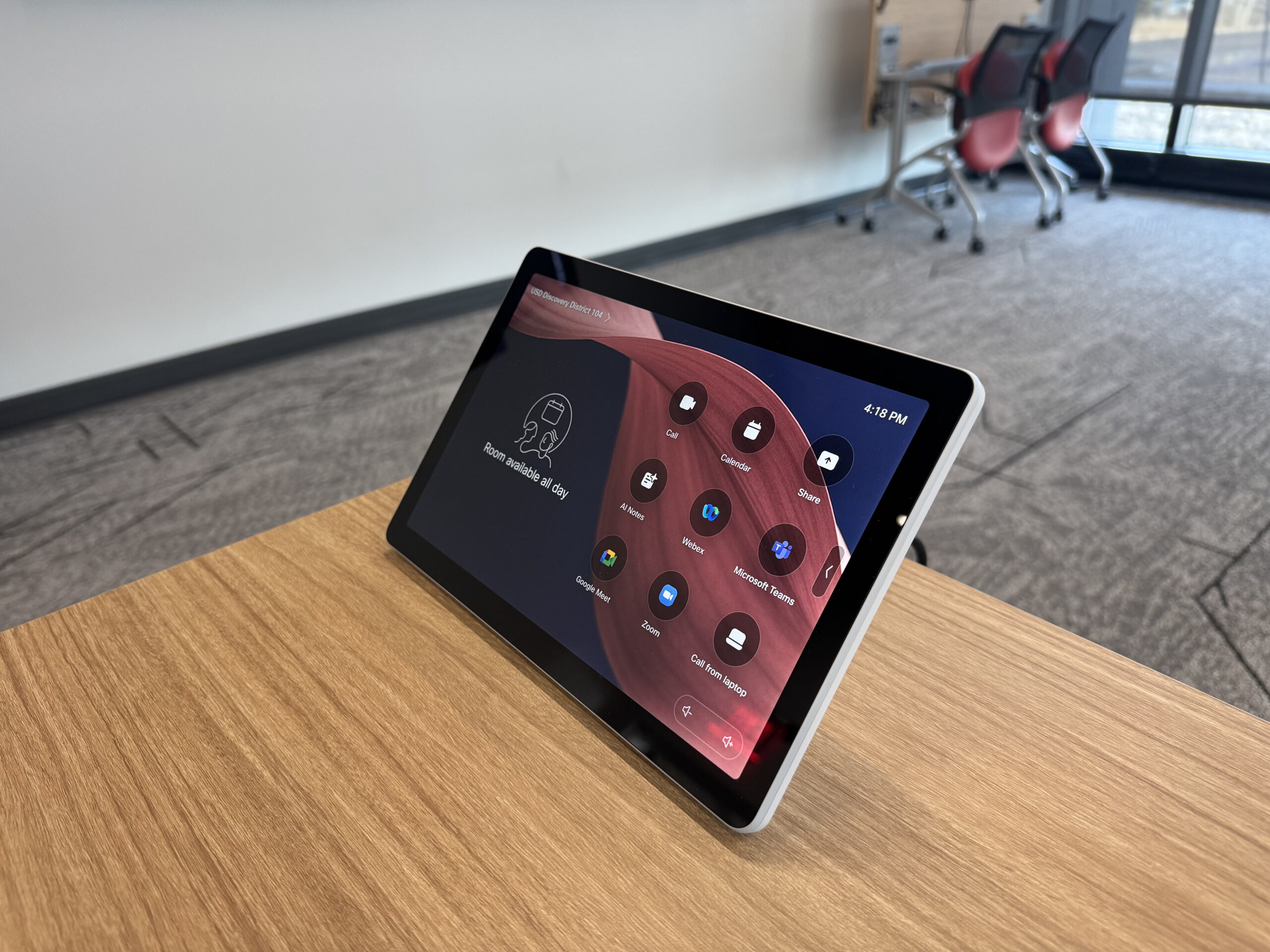 Cisco control panel enables users to sign into virtual meetings and control room camera and microphones.
